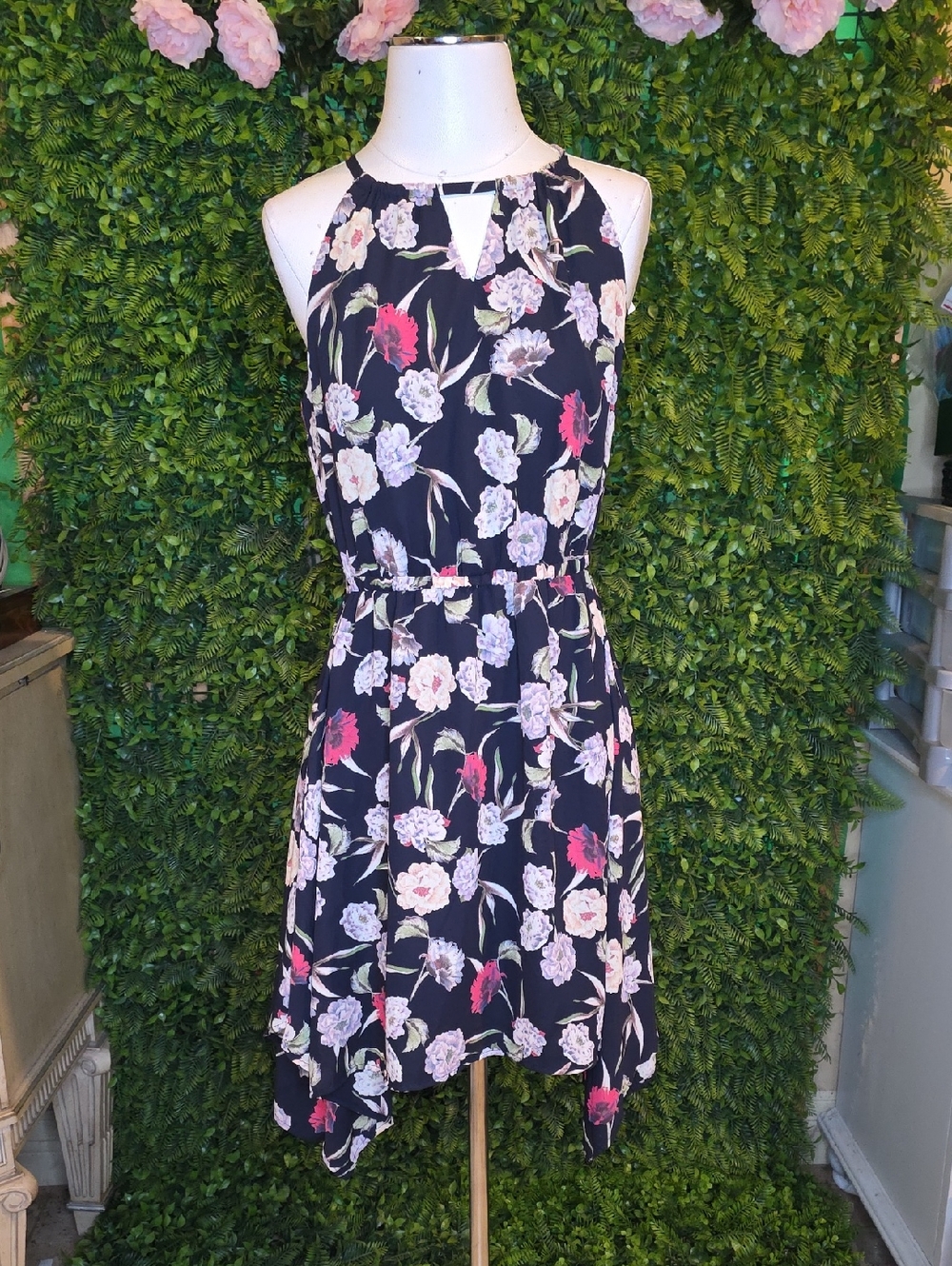 Skies Are Blue Navy Floral Halter Asymmetrical Dress